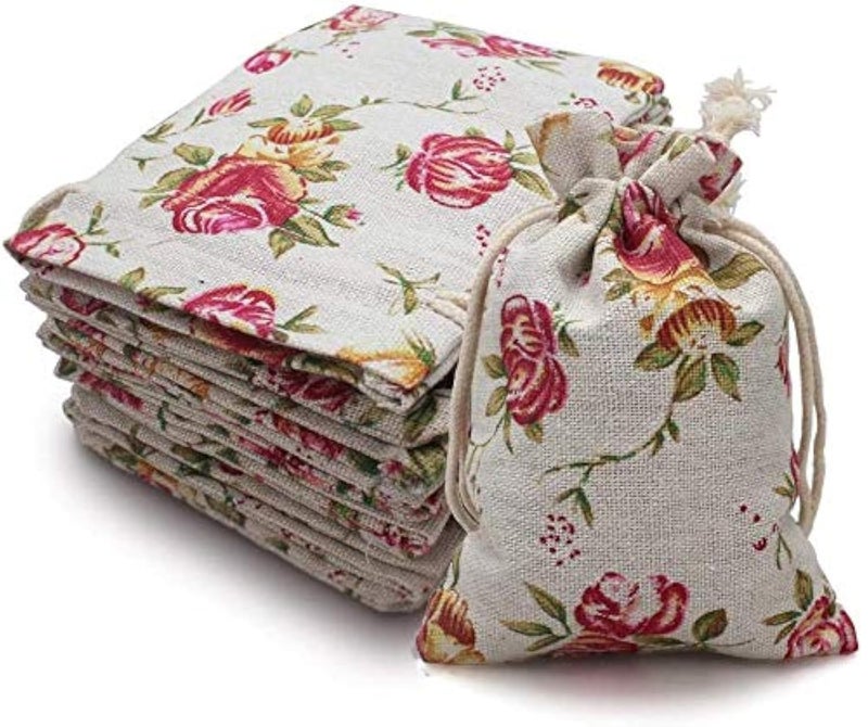 Hapdoo 50 Pack Rose Double Drawstring Burlap Bags Gift Reusable Linen Bags Jewelry Pouches Sacks for Wedding Party Gift 4"x 5.5", Presents Festivals Mothers Day Gift - Image 1